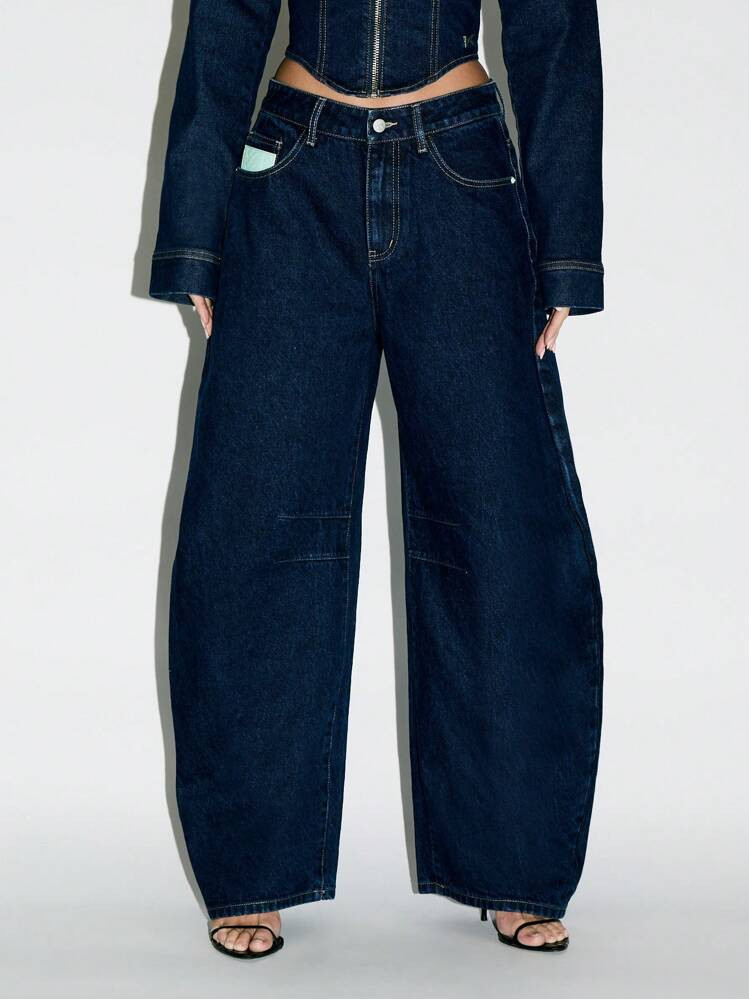 KIZN Wide Leg Denim Jeans Barrel Cut High Waisted Raw Indigo Y2K Fashion Retro Statement Baggy Pants Fall Winter Streetwear | SHEIN