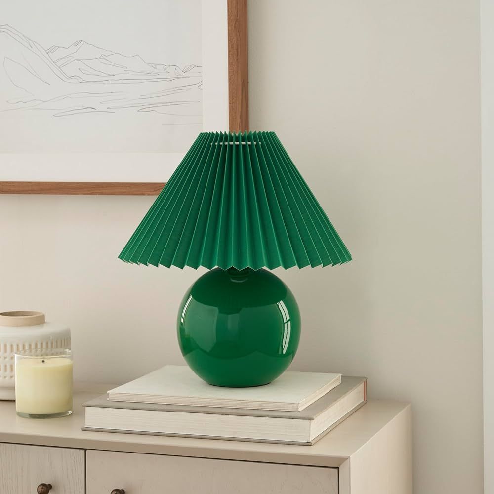 Nourison 13" Green Ceramic Round Lamp with Pleated Shade for Bedroom, Living Room, Console, End T... | Amazon (US)