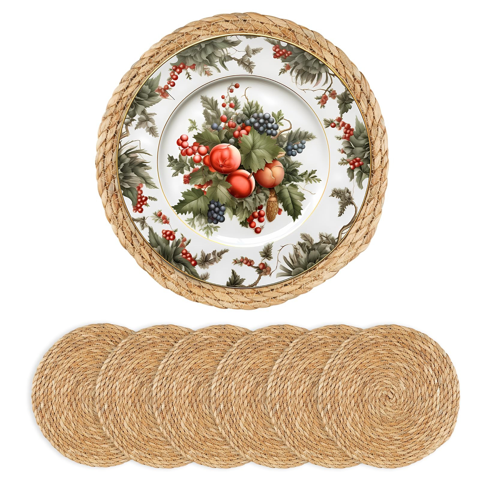 Round Woven Placemats 13 inch Set of 6 - Boho Rattan Placemats Natural Water Hyacinth Placemat, F... | Amazon (US)