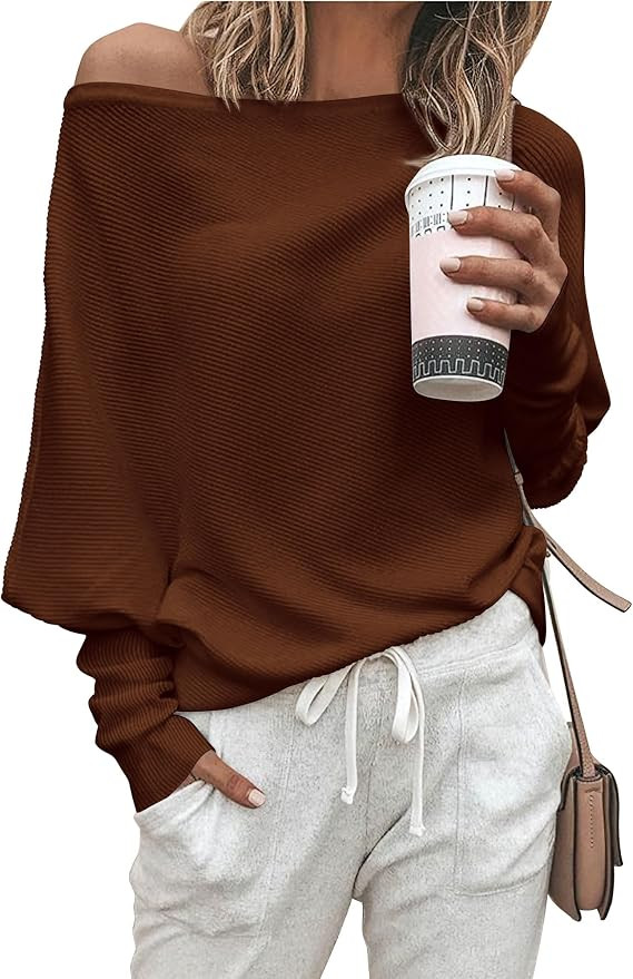 Zenlonr Women's Fall Sweaters 2026 Casual Long Batwing Sleeve Loose Off Shoulder Knit Pullovers J... | Amazon (US)