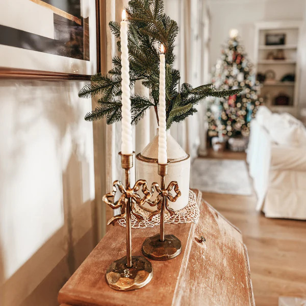 Ornate Bow Antique Gold Cast Iron Candle Holders, Set of Two - Decor Steals | Decor Steals