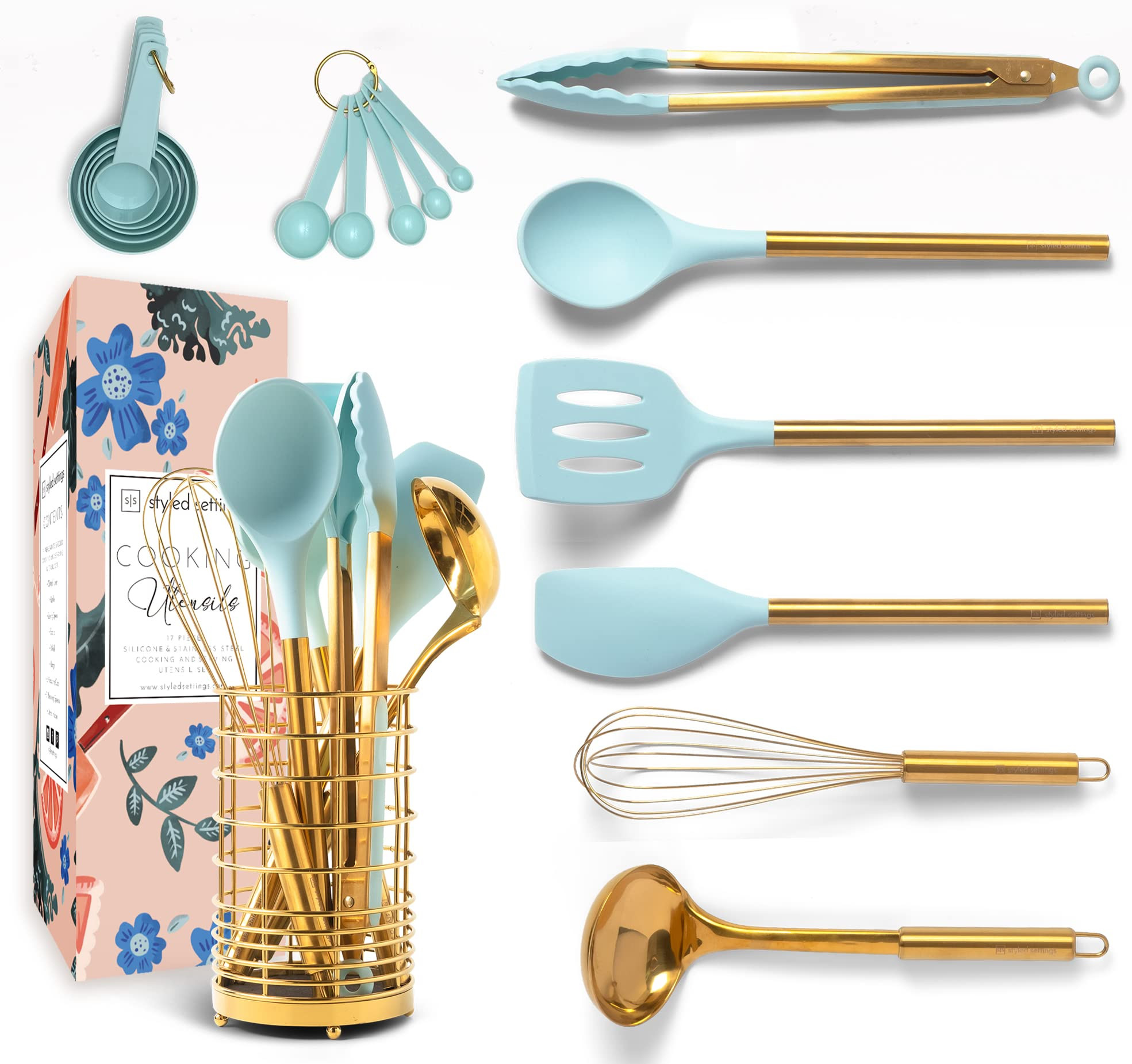 Teal Blue Cooking Utensils Set with Holder - 17PC Teal & Gold Kitchen Utensils for Nonstick Cookware | Amazon (US)
