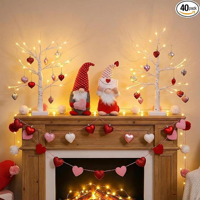 40 Pcs Valentine's Day Tree Decor 24" Lighted Birch Tree with 36 Pcs Heart Hanging Ornaments 2 Mr... | Amazon (US)