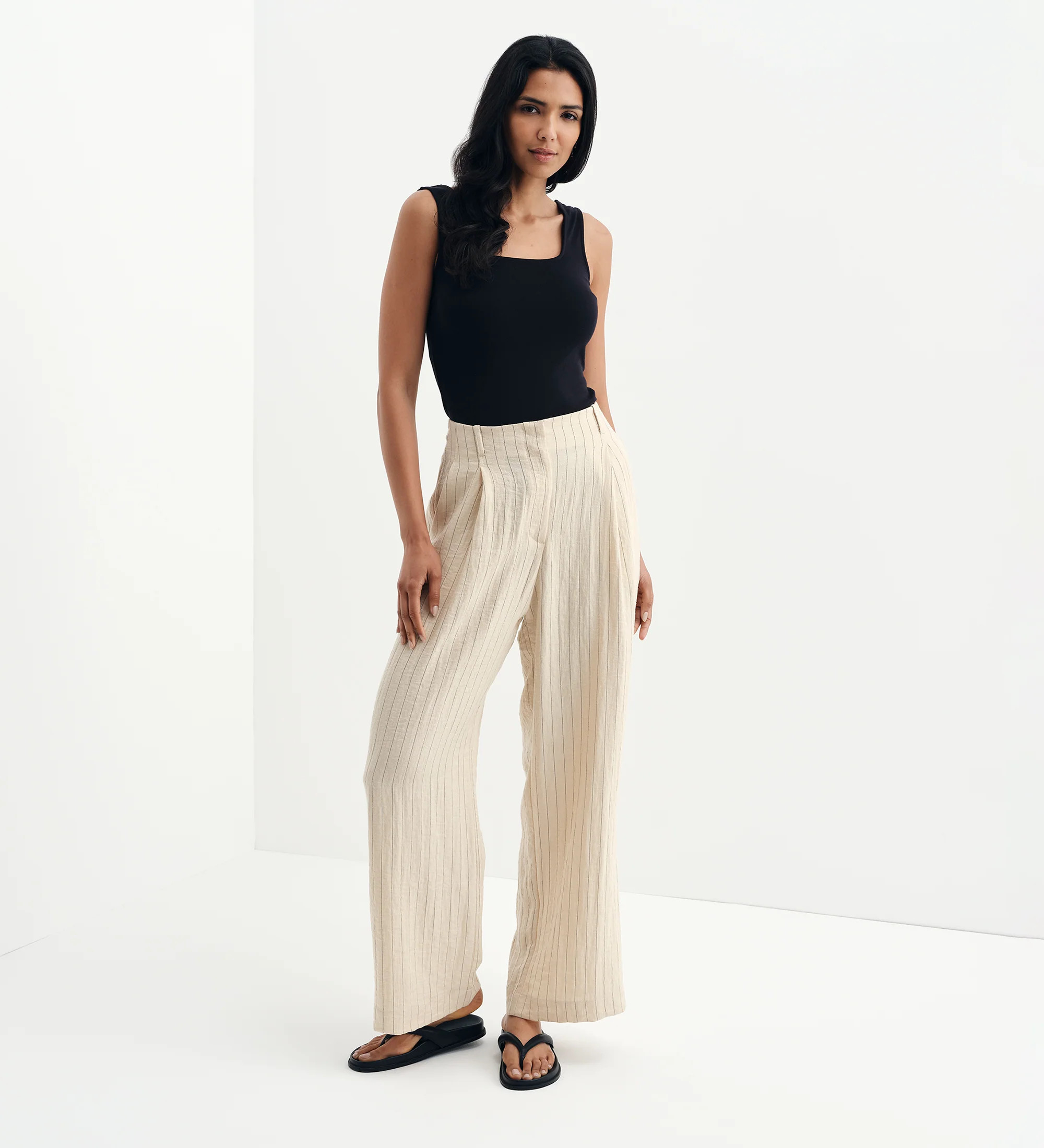 Mara Beige Stripe High Waisted Wide Leg Trousers | Finery London - UK