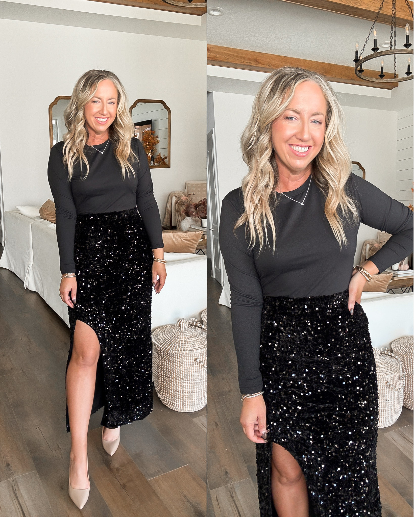 Holiday style from Walmart ✨ Affordable women's clothing, black sequin midi skirt with cutout, Christmas outfit, holiday skirt, holiday event, work party, date night, chic holiday looks, Walmart fashion. 

 #LTKHoliday #LTKootd #LTKFindsUnder50