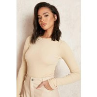 boohoo Women's Crew Neck Long Sleeve Bodysuit in Sand | Size: 4 | Polyester | boohoo (US & Canada)