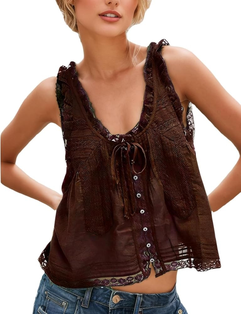 Women Summer Boho Lace Tie Front Tank Beach Vacation Top Button Down Sleeveless Cardigan Crop Y2k... | Amazon (US)