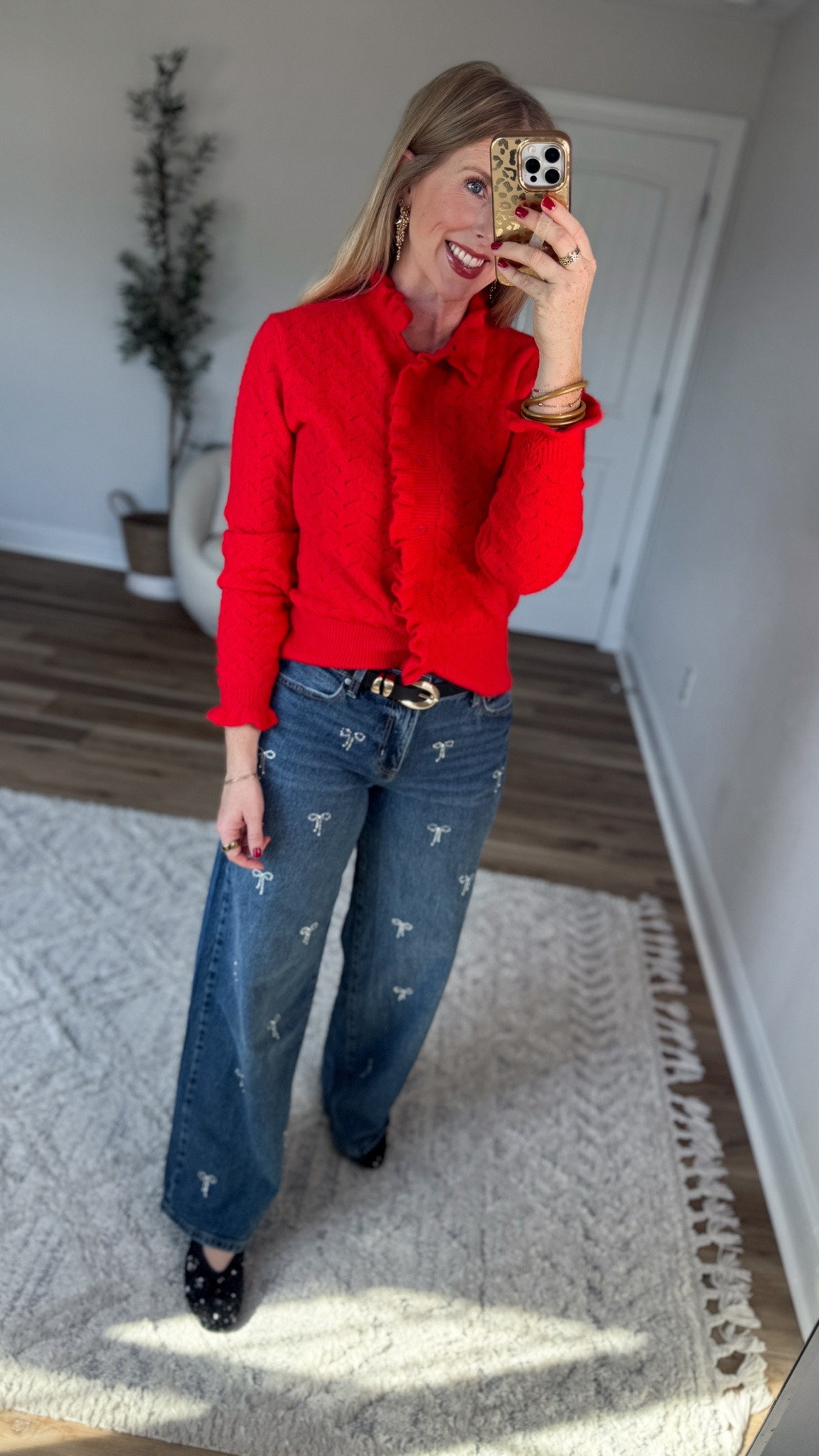 Daily try on, Walmart outfit, Walmart fashion, Walmart style, free assembly, ruffle sweater, embellished bow jeans

#LTKootd