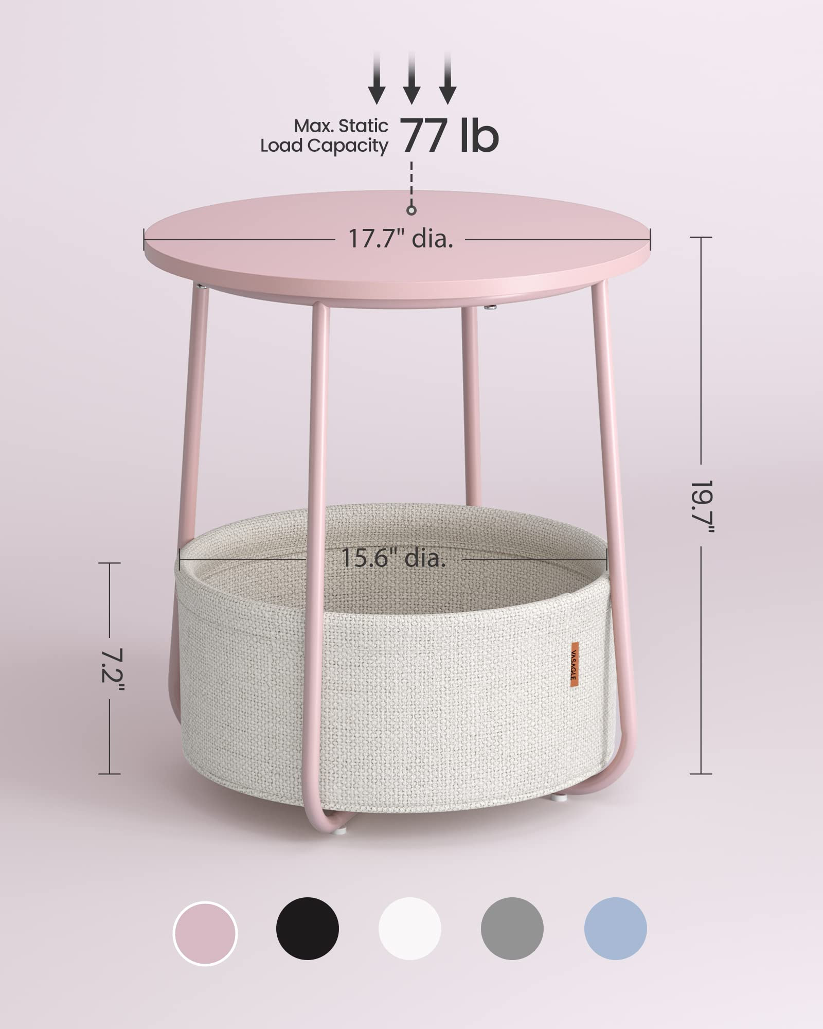 VASAGLE Small Round Side End Table, Modern Nightstand with Fabric Basket, Jelly Pink and Cream Wh... | Amazon (US)