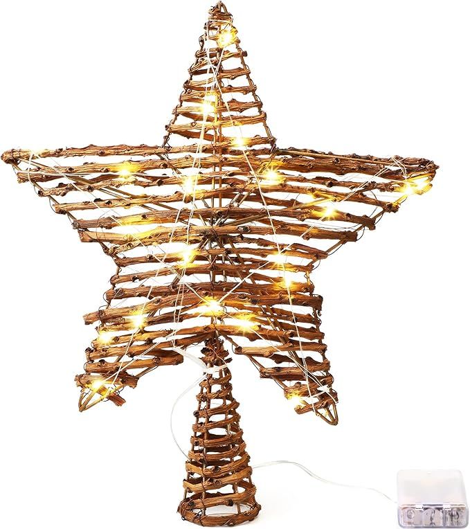 Christmas Rattan Star Treetop,14 Inch Rattan Natural Burlap Star Tree Topper with 20 Warm Lights ... | Amazon (US)