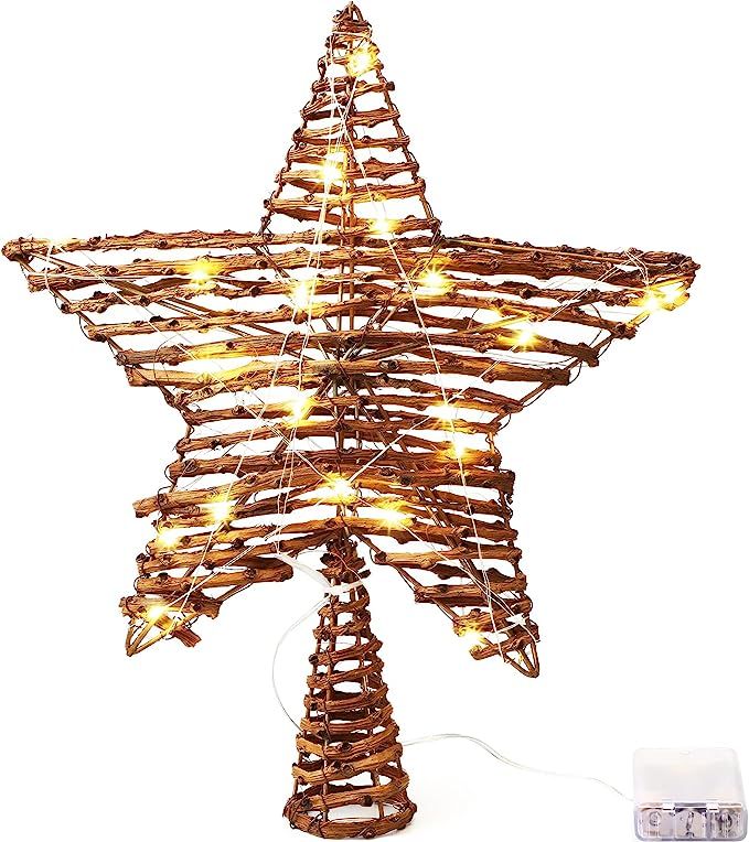 Amazon.com: Christmas Rattan Star Treetop,14 Inch Rattan Natural Burlap Star Tree Topper with 20 ... | Amazon (US)