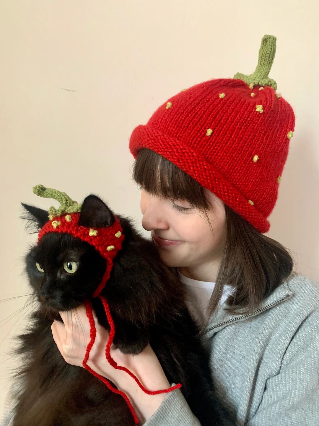 MATCHING PAIR Hand Knitted Strawberry Cat Hat With Matching - Etsy | Etsy (US)