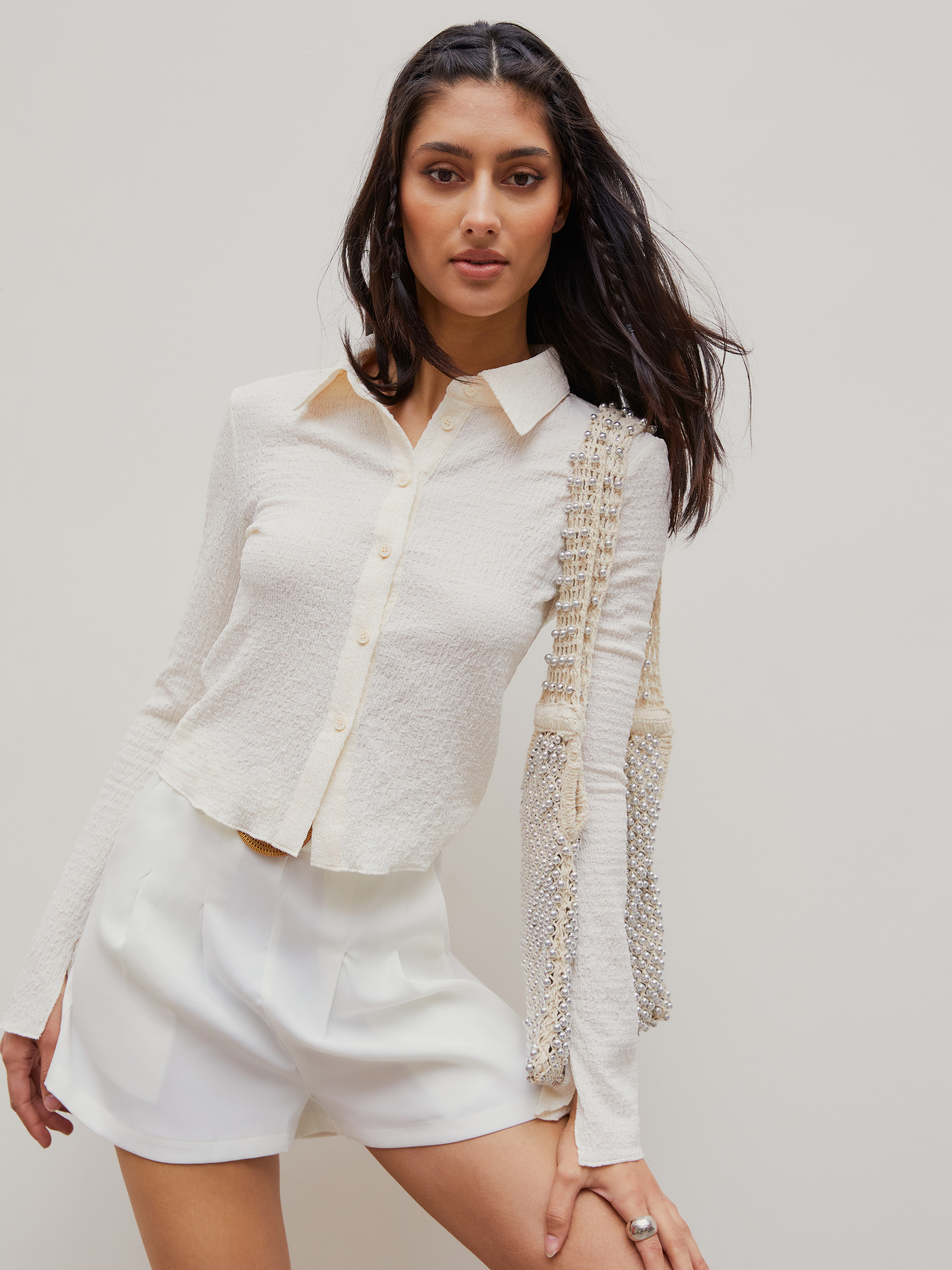 Woven Texture Solid Bell Sleeve Crop Shirt | Cider