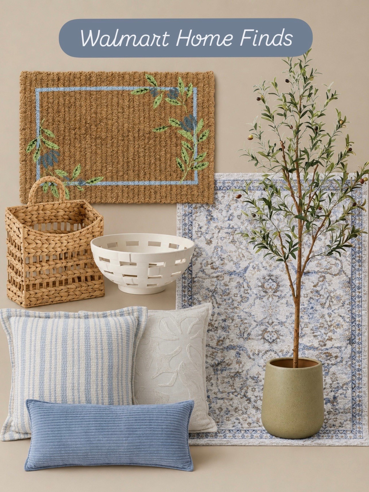 Blue & Neutral Walmart Home Finds That Look So High End

Follow @farmtotablecreations on Instagram for more home styling inspiration and daily finds.

These Walmart finds are giving designer-inspired style without the designer price tag 👏🏼 The soft blues, woven textures, neutral rug, and olive tree all work together to create such a calm and cozy space for spring and summer decorating. I especially love how these pieces mix warmth with subtle color for that collected, layered look.

#walmartfinds #homedecor #throwpillows #area rugs #olivetree

walmart home finds | blue home decor | neutral decor | woven basket | olive tree decor | throw pillows | accent pillows | entryway rug | washable rug | cozy home | living room decor | spring home decor | walmart decor finds | affordable decor | designer inspired | home styling | layered neutrals | blue and beige decor | cottage inspired decor | traditional decor | home accents | neutral home aesthetic | decorative pillows | woven textures | living room inspiration