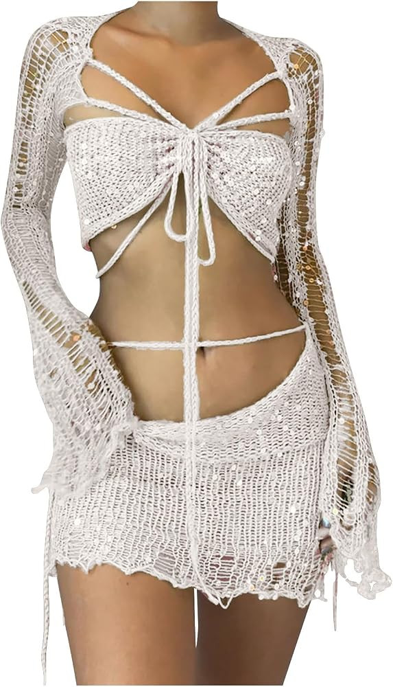 Women Beach Matching Top Skirts Swimwear Kimono Cover Up Sets for Women Swimwear Sets | Amazon (US)