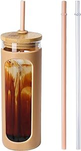 Kodrine 24 oz Glass Water Bottle with Bamboo Straw and Lid, Wide Mouth Water Tumbler,Straw Silico... | Amazon (US)