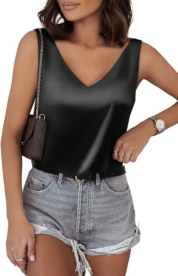BLENCOT Tank Tops for Women V Neck Silk Summer Satin Sleeveless Blouses 2024 Basic Camisole Shirt... | Amazon (US)