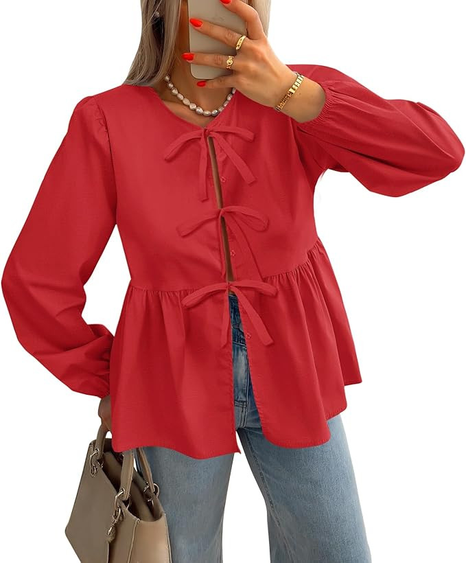 ZESICA Womens Tops Tie Front Long Puff Sleeve Button Peplum Babydoll Cute Shirts 2024 Fall Fashio... | Amazon (US)