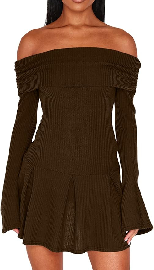 DAAWENXI Women's Casual Off The Shoulder Ribbed Knit Sweater Mini Dress 2025 Fall Long Sleeve A L... | Amazon (US)
