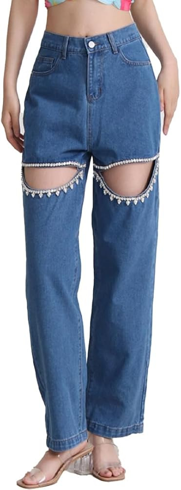 Women's Y2k Baggy Ripped Jeans High Waist Loose Rhinestone Distressed Wide Leg Pants for Women St... | Amazon (US)