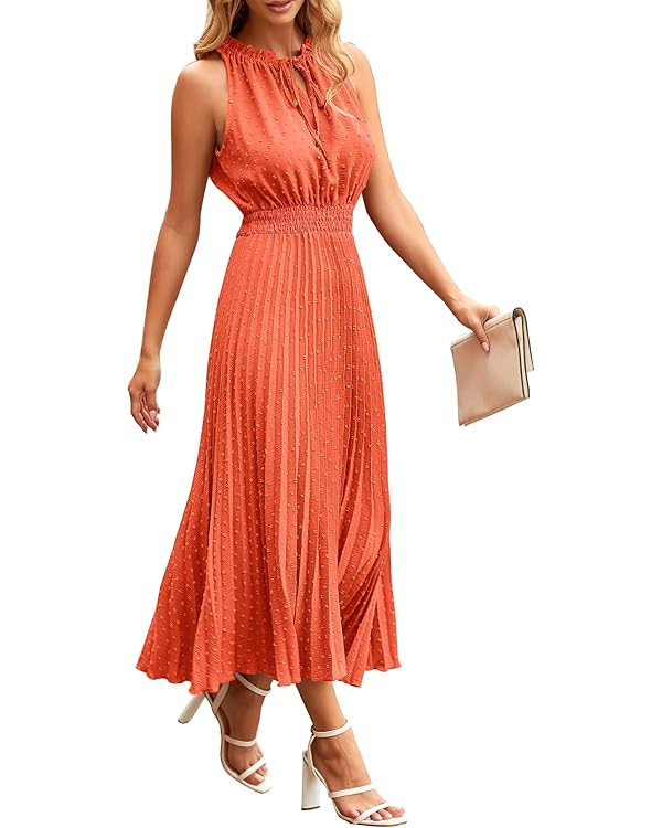 PRETTYGARDEN Women's Midi Summer Dresses Casual V Neck Swiss Dot Ruffle Sleeveless A Line Beach S... | Amazon (US)