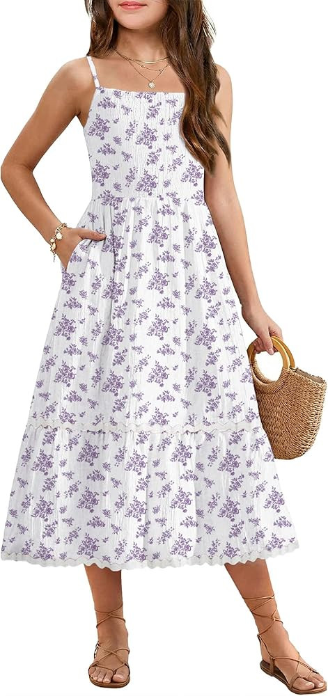 Arshiner Girls Summer Spaghetti Strap Dresses Flowy Tiered Cami Maxi Sundress with Pockets | Amazon (US)