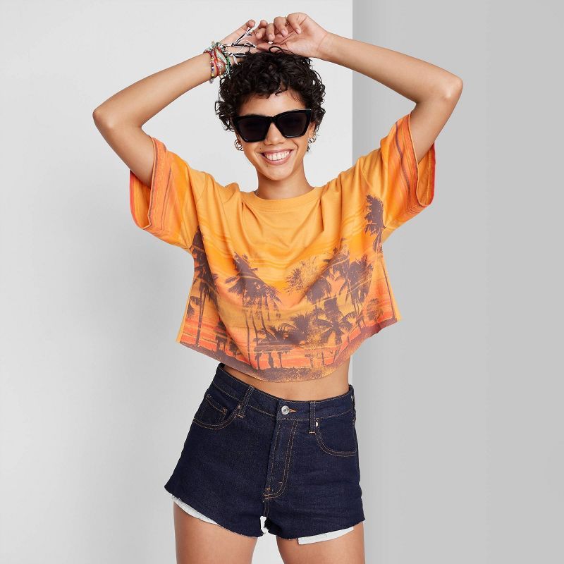 Women's Short Sleeve Relaxed Fit Graphic Cropped T-Shirt - Wild Fable™ Orange Palm Tree | Target