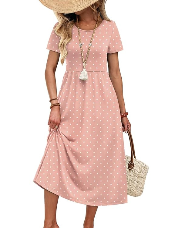 OFEEFAN Spring Summer Dresses for Women 2026 Crewneck Short Sleeve Flowy Casual Midi Beach Sundre... | Amazon (US)