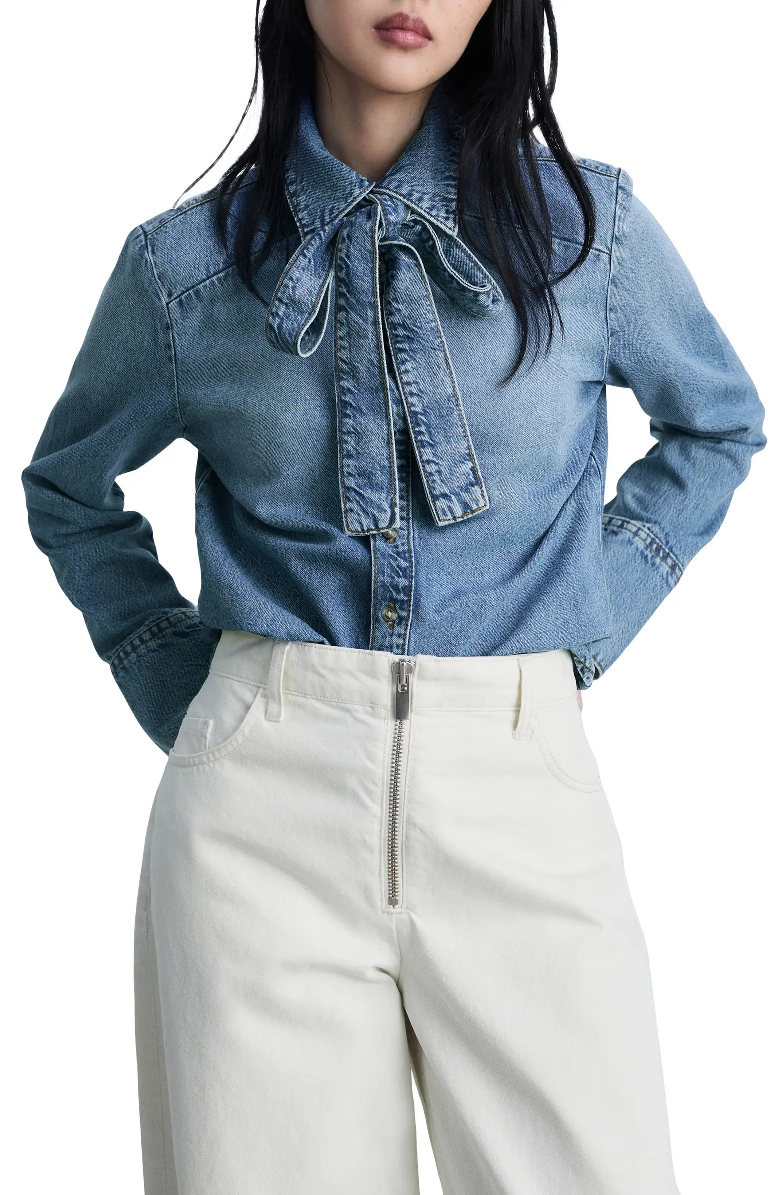 Denim Tie Neck Button-Up Shirt | Nordstrom