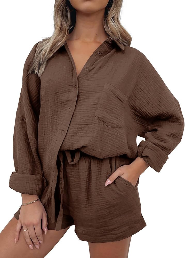 ANRABESS 2 Piece Outfits For Women Linen Sets Long Sleeve Button Down Oversized Shirts Lounge Mat... | Amazon (US)