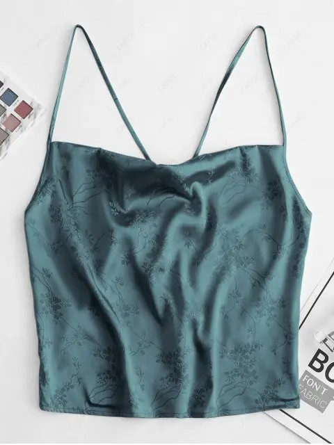 ZAFUL Flower Jacquard Crop Camisole - Dark Turquoise S | ZAFUL (Global)