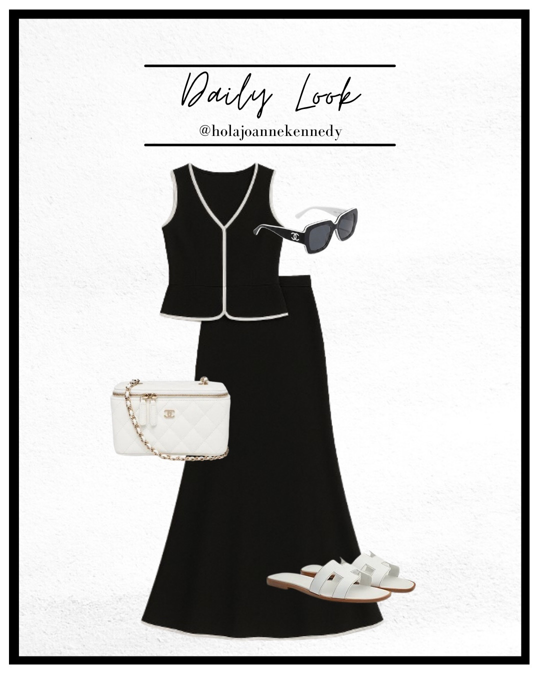 black chiffon maxi skirt, contrast trim maxi skirt, monochrome outfit, black and white outfit, elegant summer style, chic holiday outfit, resort wear, vacation outfit, luxury style, old money fashion, classic style, timeless outfit, black v neck top, co ord set, matching set, monochrome fashion, designer inspired style, white sandals, Hermes Oran sandals, Chanel vanity bag, Chanel sunglasses, sophisticated style, effortless elegance, minimalist fashion, summer chic, elevated basics, European summer outfit, classy fashion, luxury accessories, feminine style

#LTKstyletip #LTKuk #LTKeurope
