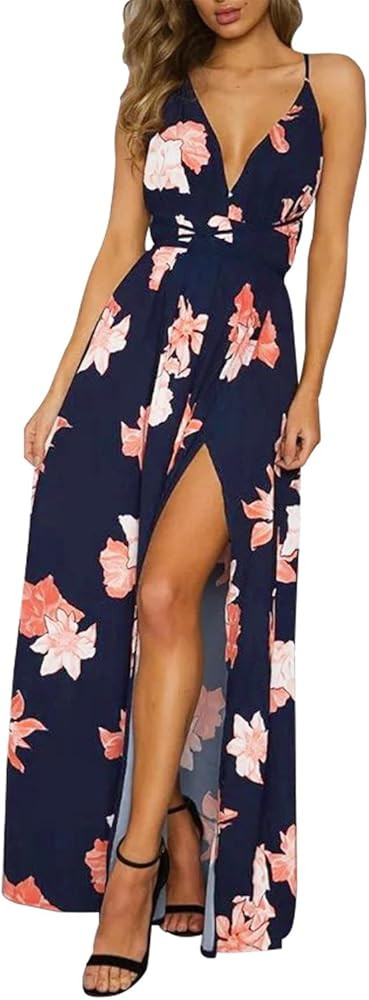 Women's Sexy Deep V Neck Backless Floral Print Split Maxi Party Dress | Amazon (US)