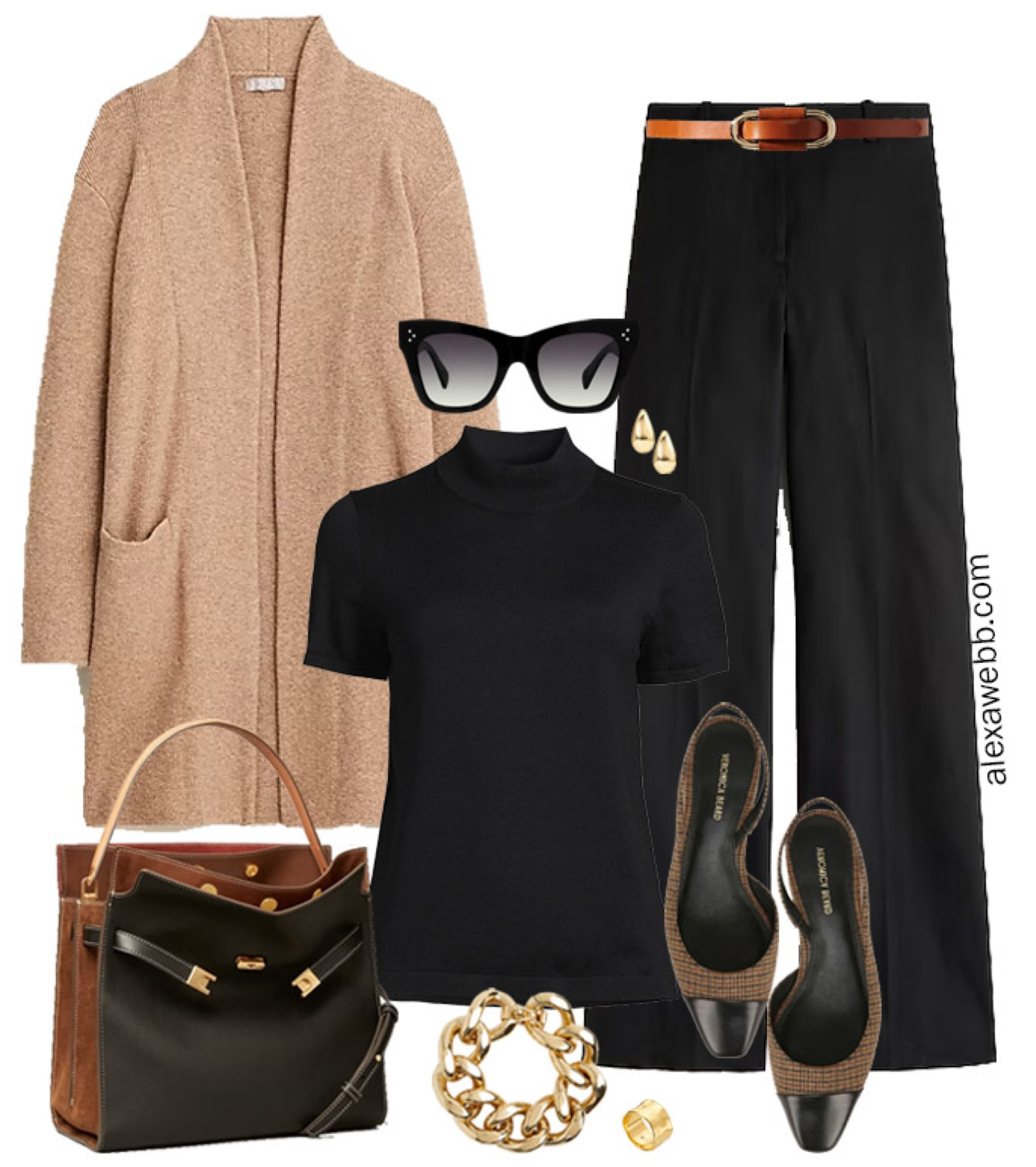 Plus Size Neutral Office Outfit - A plus size work outfit with black trousers, a black mock neck top, camel cardigan, and plaid heels. Perfect for fall and winter work days. Alexa Webb

#LTKStyleTip #LTKWorkwear #LTKPlusSize