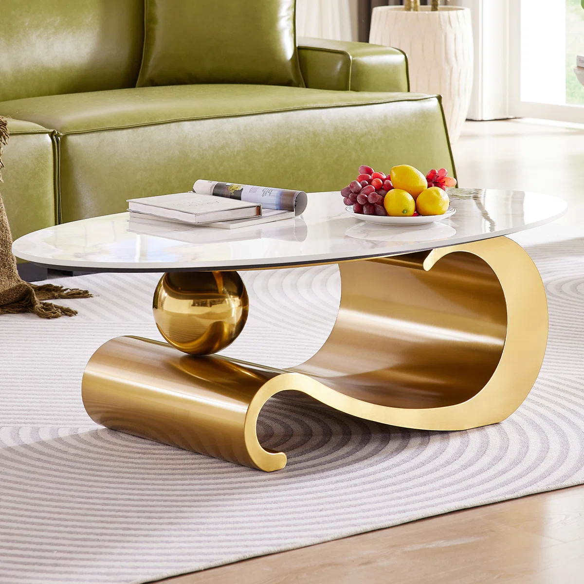 49.2" Modern Oval Faux Marble Coffee Table with Sturdy Gold Metal Base, Luxury Living Room Furnit... | Wayfair North America