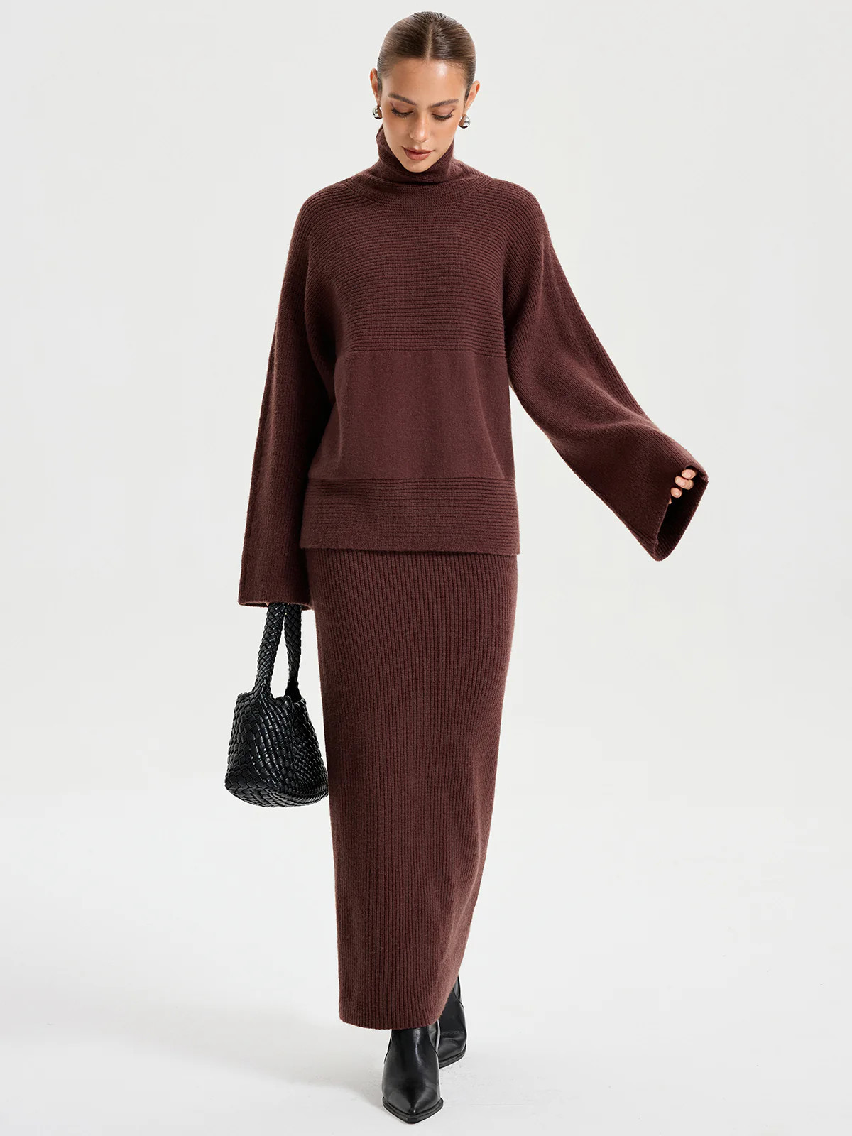 Turtleneck Knit Top and Maxi Skirt Set | Commense