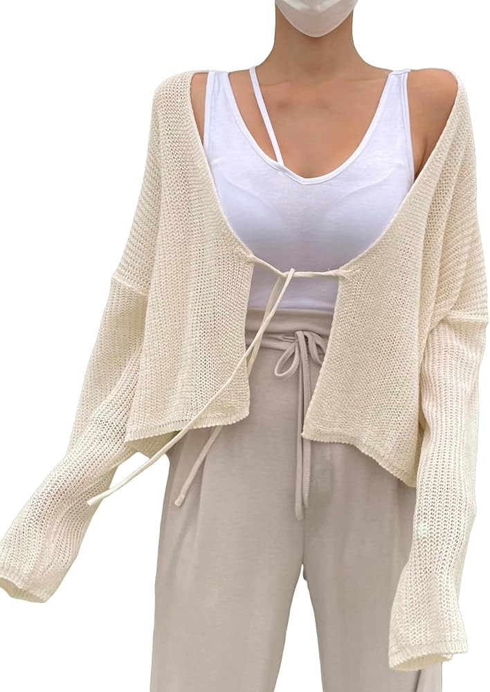 Floerns Women's Drop Shoulder Tie Front Cardigan V Neck Long Sleeve Solid Sweater | Amazon (US)