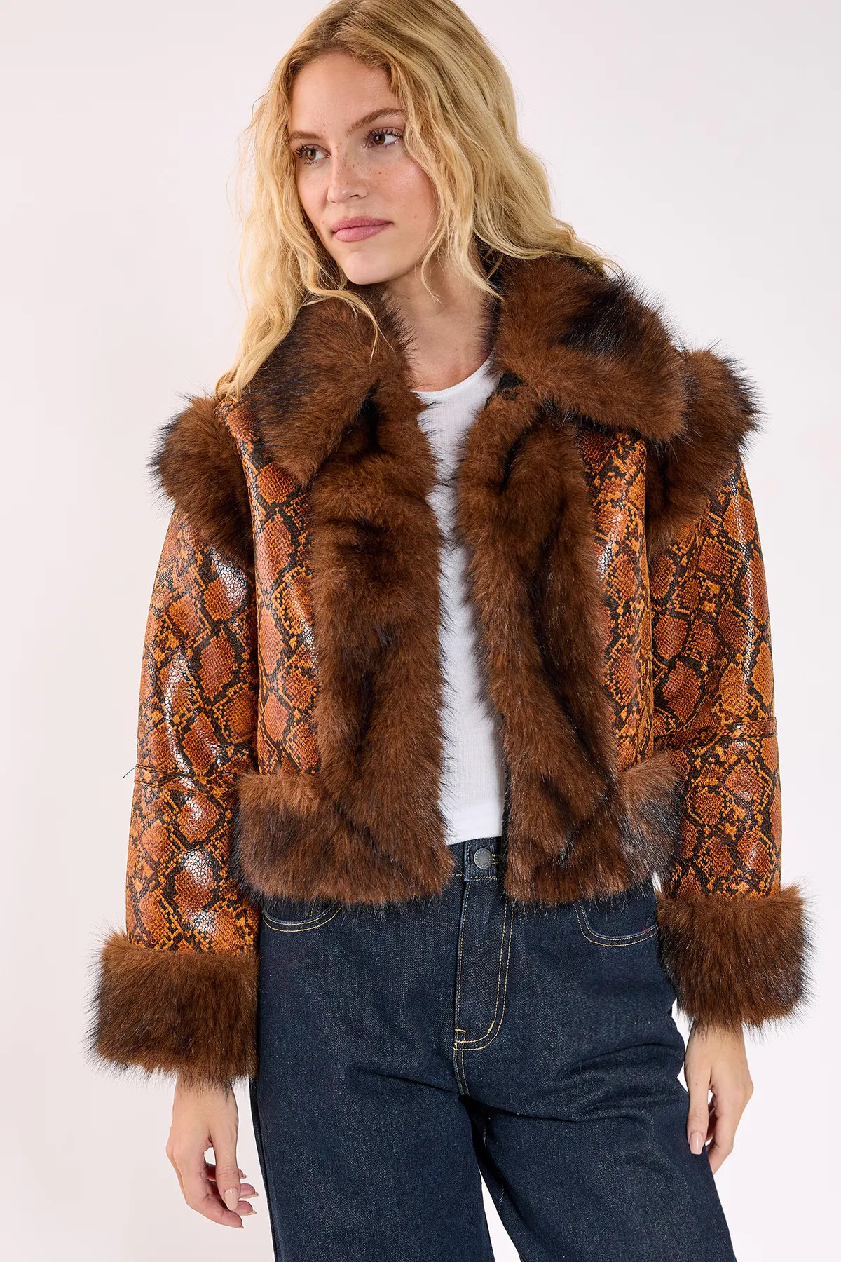 Snake Animal Vinyl Faux Leather Fur Trim Jacket | Nasty Gal US