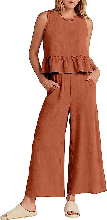 ANRABESS Women's Summer 2 Piece Outfits Sleeveless Ruffle Tank Crop Top & Wide Leg Pants Lounge S... | Amazon (US)