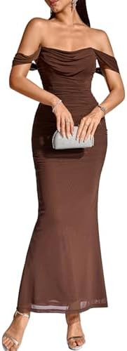 KUTUMAI Women Off Shoulder Maxi Long Corset Formal Wedding Guest Dress | 2 Boens, Mesh Ruched, Bo... | Amazon (US)