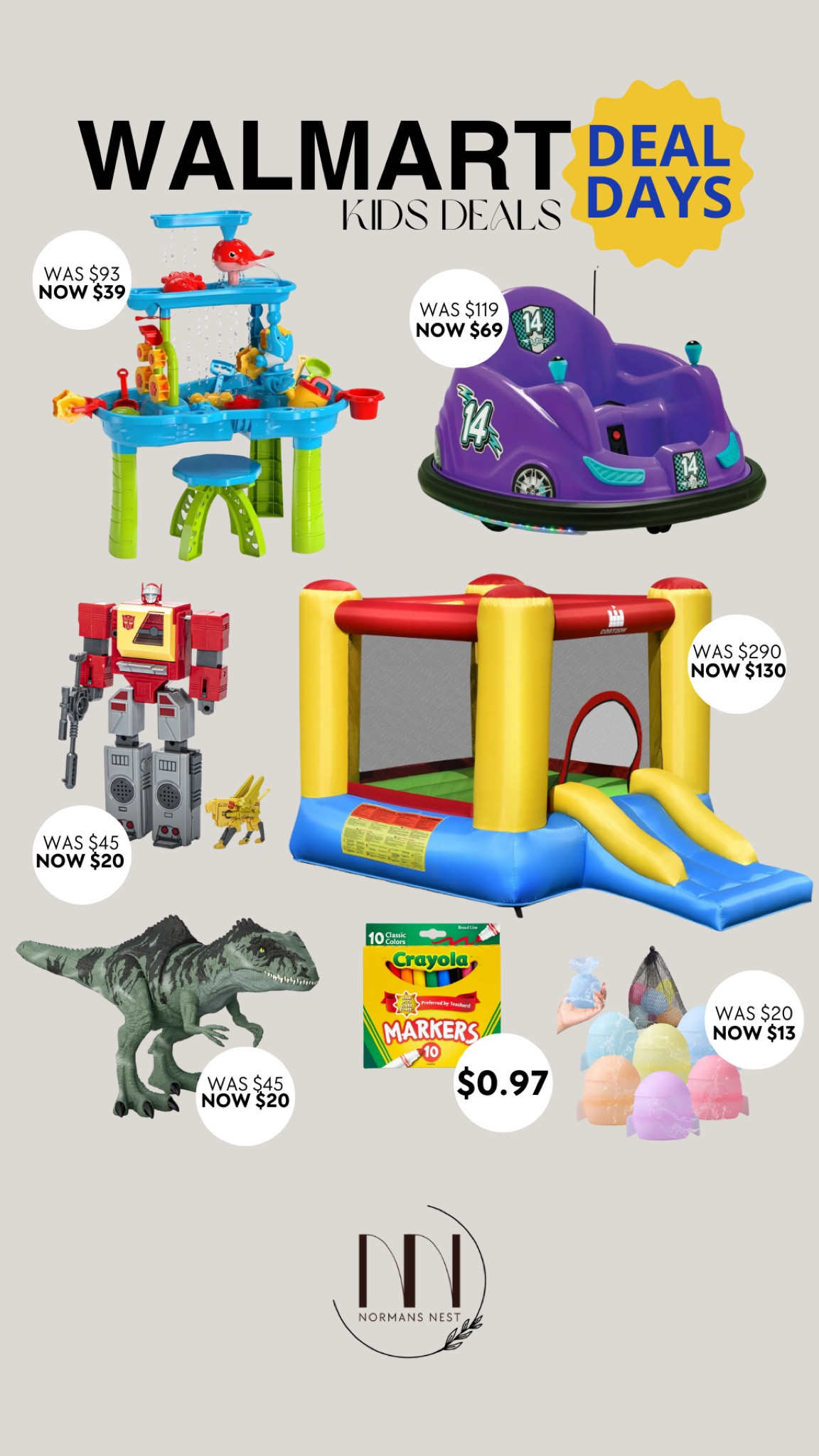 Walmart Deal Days deals for kids! 
Water table
Bumper car
Bouncy house
Transformer
Dinosaur
Markets
Reusable water balloons

#LTKKids #LTKSummerSales #LTKSaleAlert