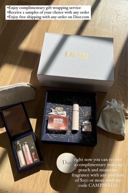 Gift guide gifts for her beauty gifts dior gift sets dior beauty 
 @diorbeauty Receive a complimentary makeup pouch and miniature fragrance with any purchase of $150 or more with my code CAMPBELL22
Benefits for shopping on Dior.com:
•Enjoy complimentary gift wrapping service
•Receive 2 complimentary samples of your choice with any order
•Receive complimentary deluxe miniature for orders over $100
•Enjoy free shipping with any order on Dior.com
#DiorHoliday #diorbeautypartner 
