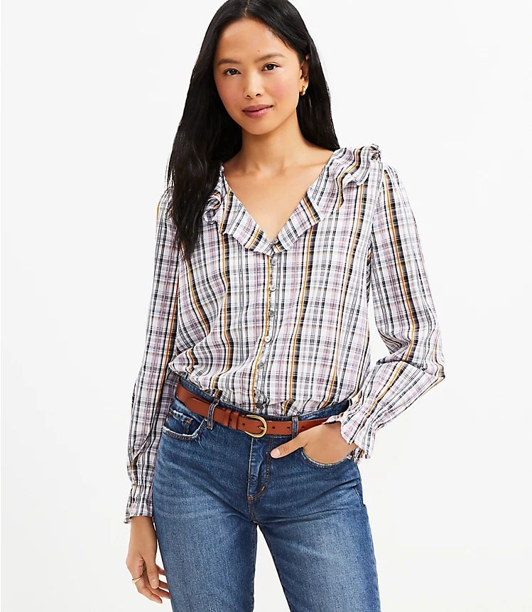 Plaid Ruffle V-Neck Blouse | LOFT