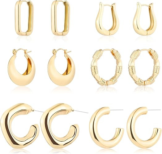 6 Pairs 14K Gold Plated Hoop Earrings for Women Lightweight Chunky Hoop Earrings Multipack Hypoal... | Amazon (US)