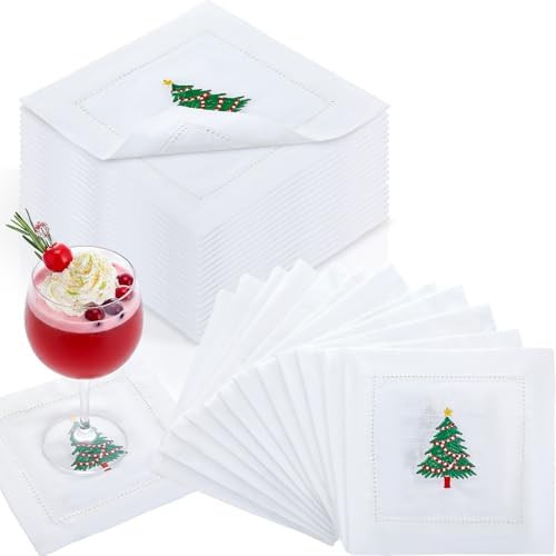 Moukeren 12 Pcs Christmas Cocktail Napkins Embroidered White Linen Cocktail Napkin 6x6 Inch Napki... | Amazon (US)