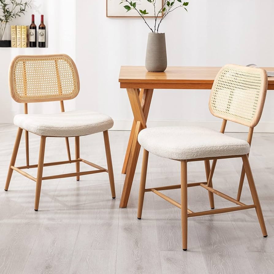 JIRAIN Rattan Dining Chair Set of 2, Boucle Fabric Upholstered Dining Room Chairs with Natural Wo... | Amazon (US)