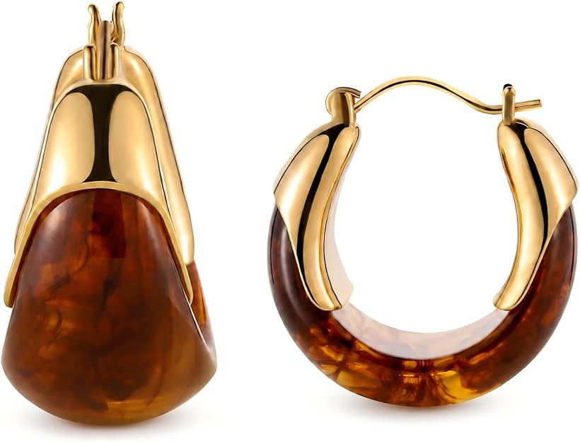 Amber Resin Hoop Earrings for Women 14k Gold Plated - Hypoallergenic Chunky Gold Hoops, Acrylic T... | Amazon (US)
