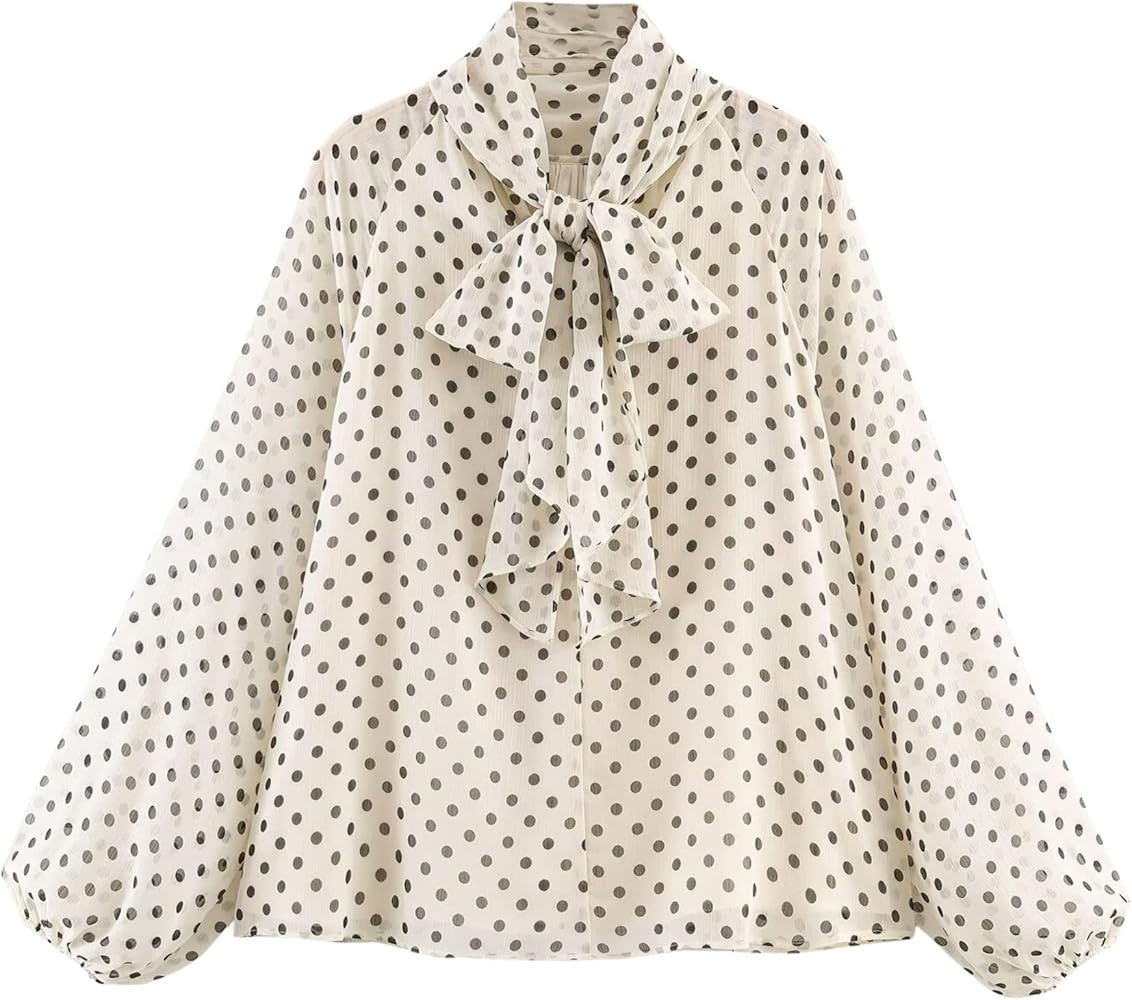 Chevara Women’s Polka Dot Print Blouse Bow Tie Neck Long Sleeve Chiffon Tops | Amazon (US)