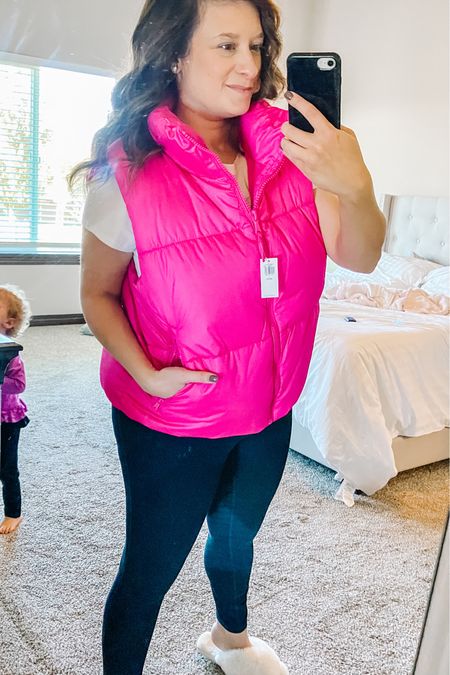Size large in tee
Size large petite in vest (size down 1)

Pink vest, white tee, classic tee, black leggings, slippers, old navy, fabletics, petite, full bust, midsize, athleisure 


#LTKfindsunder50 #LTKtravel #LTKmidsize