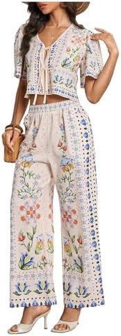 WDIRARA Women's Boho Floral 2 Piece Palazzo Pants Set Short Sleeve Tie Front Blouse Wide Leg Pant... | Amazon (US)